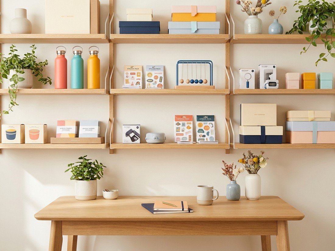A styled desk shelf